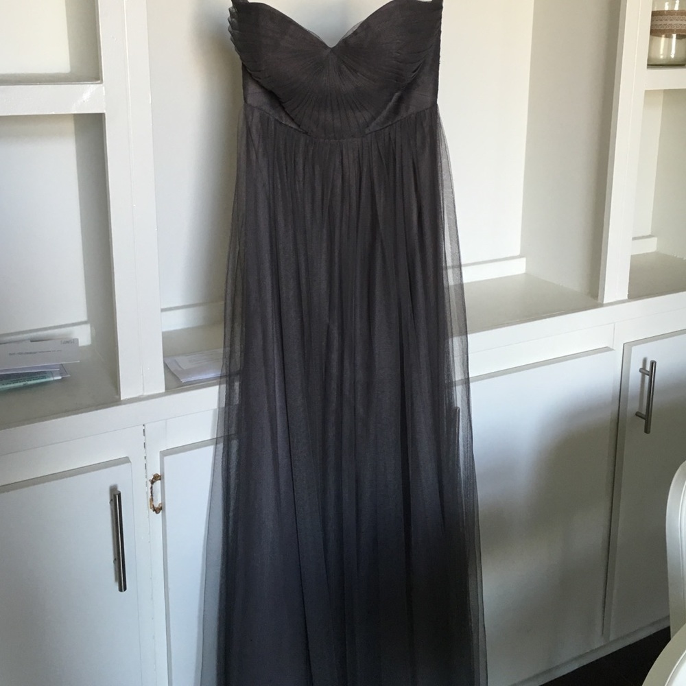 Dark grey strapless floor length ball gown
